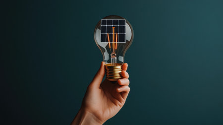Hand holding a light bulb with a solar panel inside on a dark blue background, a concept of green energy and sustainable development. This image was the winner of a stock photo contest, with high resolution and a photorealistic style. --chaos 30 --ar 16:9 --v 6.1 Job ID: 4ae2ef12-57ce-4cc7-a443-dde58a7c5029の素材