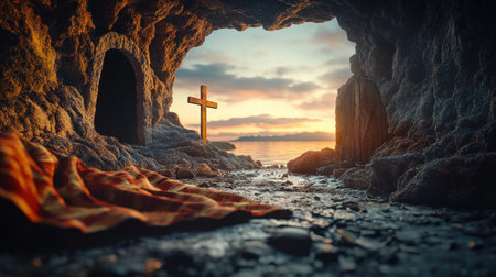 Easter: an empty tomb with the stone rolled away at sunrise, a cross in the background, an open cave door, a blanket on the ground - a symbol of Jesus' resurrection. This scene is suitable for digital artwork, with copy space, banner, or banner template. Easter day concept. All focus, brightness, daylight, bright room light, volumetric lighting, photography, f/20, V-Ray tracing. --chaos 30 --ar 16:9 --v 6.1 Job ID: 45b8b21d-9b2b-48b4-8535-1d2cb44ec725の素材