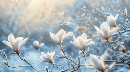 Close-up of white magnolia flowers in the frost, a beautiful winter landscape with a blurred background, providing ample copy space for text or a message. This high-resolution photography is insanely detailed and intricate, with sharp focus, HDR, 8K resolution, and a shallow depth of field, all bathed in soft light. --ar 128:71 --v 6.1 Job ID: b52c5980-108d-4870-9489-f9f83c36395dの素材