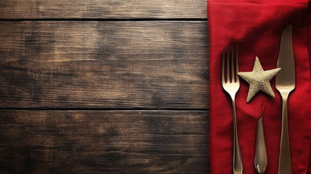 Christmas and New Year table setting with cutlery, star decoration on a wooden background, and a red napkin. This Christmas concept is suitable for menu design or a winter festive party banner. --chaos 30 --ar 16:9 --v 6.1 Job ID: 42f569a8-8f5a-45c1-94b2-9132357282d4の素材