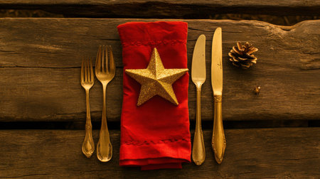 Christmas table setting with cutlery, star decoration, and a red napkin on a wooden background. Christmas dinner concept. A wide banner for web design or print material. --chaos 30 --ar 16:9 --v 6.1 Job ID: 648f9ab2-ffeb-402f-a5a1-380cbc02178aの素材