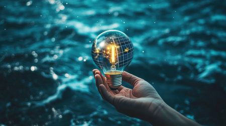 Hand holding a light bulb with a solar panel inside on a dark blue background, a concept of green energy and sustainable development. This image was the winner of a stock photo contest, with high resolution and a photorealistic style. --chaos 30 --ar 16:9 --v 6.1 Job ID: 4ae2ef12-57ce-4cc7-a443-dde58a7c5029の素材