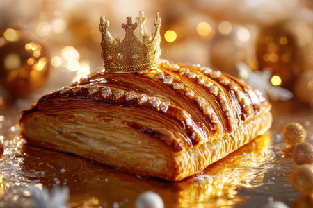 g contendre un galette des rois avec une courYSIS d'or et est sur la photo ton flash, il ySBoutancÃ© par spins-grain golden foil paper and gold crown with white paper fr-l smuggled on top of the pastry. The background is a shiny reflective surface, which adds to the overall luxury feel of the scene. This design would be perfect for conveying opulence or celebration in high-end cooking events. --ar 3:2 --v 6.1 Job ID: e3776b51-0f13-4b79-88e8-872cee3f50f9の素材