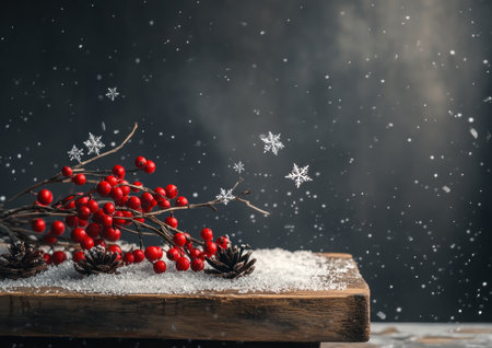 Elegant Christmas background with a wooden table and snow, silver stars, red berries, misty light effects, a dark gray backdrop, and festive decorations. --ar 7:5 --v 6.1 Job ID: 9d73de90-55a6-4be1-baba-f3e9998f9d4fの素材