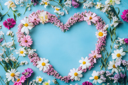Colorful pink heart-shaped frame with flowers on a pastel background, a flat lay composition, top view, a Valentine's Day concept. High-quality photo, high resolution, super detailed. --ar 3:2 --v 6.1 Job ID: 34f16f0d-2774-4562-b971-d54a4cafe342の素材