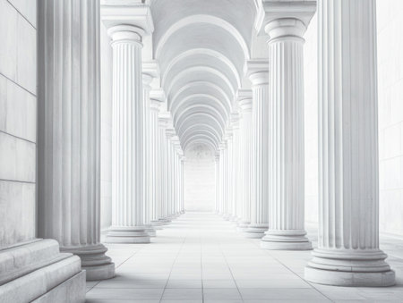 A white and gray hallway with columns, futuristic and minimalistic in design, set against a white background. The hallway is symmetrical and seamless in its appearance, creating a sleek and modern aesthetic. --ar 4:3 --v 6.1 Job ID: 2cbea5f1-e781-4418-843f-108fce3c8d14の素材