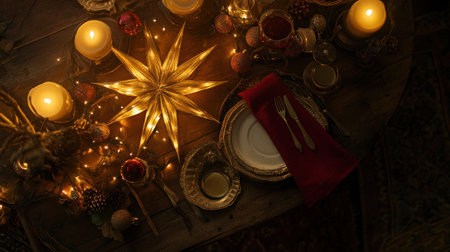 Christmas table setting with cutlery, star decoration, and a red napkin on a wooden background. Christmas food concept. Flat lay, top view. High-quality photo, stock photography. --chaos 30 --ar 16:9 --v 6.1 Job ID: e7507c72-8947-49d0-9bad-59bd025aa190の素材
