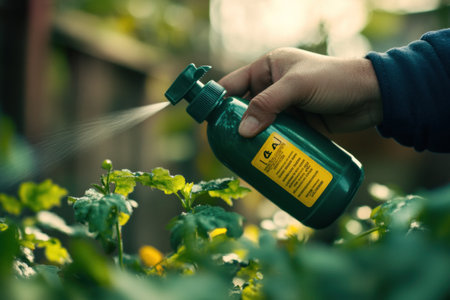 Close-up of a hand holding a green spray bottle with a yellow label, spraying the leaves of a plant in a garden. The closeup view shows a man using a plant sprayer to treat for bugs, and the letter "L" is visible on the plastic canister. --ar 3:2 --v 6.1 Job ID: 20775f1d-00f1-4ae3-833b-ee012571a996の素材