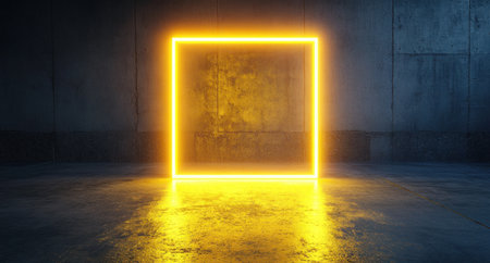 Abstract glowing yellow neon lines in a dark room, an empty virtual space for product presentation. A glowing square frame on a concrete floor background. Neon light tubes. Realistic 3D rendering. --ar 28:15 --v 6.1 Job ID: c0daaa9d-1e04-48eb-b2f5-93da1578681aの素材