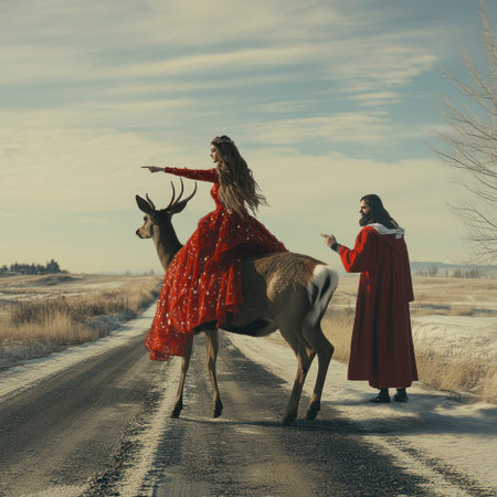 A woman in a red dress riding on the back of a deer, pointing at something in the distance. Standing next to her is a man dressed as Jesus. The scene is set against an empty road, a winter landscape, and a grassland. The image is photorealistic, created in the style of Canon EOS R5. --v 6.1 Job ID: 2a07323b-c6bf-427a-a3f5-d899ff537aa3の素材
