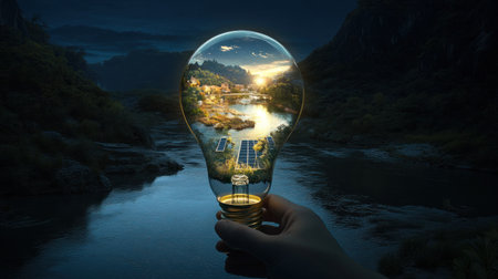 Hand holding a light bulb with a solar panel inside on a dark blue background, a concept of green energy and sustainable development. A riverside scene is depicted inside the glass lamp, isolated on a white background. This is a detailed illustration, high-resolution photography, with professional color grading, soft shadows, low contrast, and clean, sharp focus. --chaos 30 --ar 16:9 --v 6.1 Job ID: f218785e-a35c-4053-b02d-1efa6f4d211aの素材