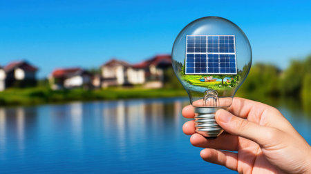 Hand holding a light bulb with a solar panel inside on a dark blue background, a concept of green energy and sustainable development. A riverside scene is depicted inside the glass lamp, isolated on a white background. This is a detailed illustration, high-resolution photography, with professional color grading, soft shadows, low contrast, and clean, sharp focus. --chaos 30 --ar 16:9 --v 6.1 Job ID: f218785e-a35c-4053-b02d-1efa6f4d211aの素材