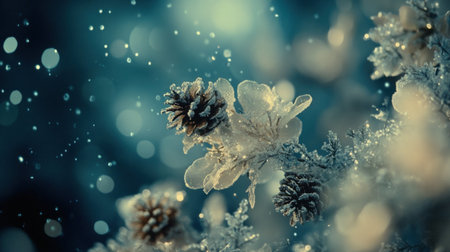 Close-up of snowflakes and pine cones on evergreen branches, with a bokeh background, a white and blue color palette, in the style of a Christmas card, with a vintage look and pastel colors. Highly detailed and hyper-realistic. --chaos 30 --ar 16:9 --v 6.1 Job ID: d6fffea9-02ba-4836-b3b7-72c43c6c775dの素材