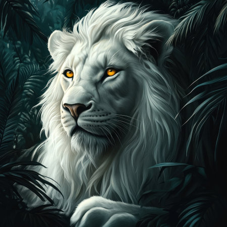 A white lion in the jungle, with its white fur and yellow eyes, depicted in a fantasy art style. The image is hyper-realistic, set against a dark background, and presented in high resolution. --v 6.1 Job ID: cd00626e-5ebd-4f17-97b8-f96b58be4c4fの素材