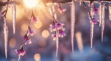 Beautiful spring background with blooming cherry blossoms and hanging icicles in pink colors. Sunlight through bokeh, macro photography. Delicate pink flowers in the foreground. Soft focus, blurred, boke effect. Bright sunlight. Pink and violet colors. Beautiful spring background with blossoming sakura tree, pink flowers and hanging ice crystal in purple color. Shallow depth of field. Shot using Canon EOS R5 camera with an RF 85mm F 2 lens for a photorealistic image. --ar 128:71 --v 6.1 Job ID: 4f1fa4f7-8d09-4de5-b456-5a12a26de1beの素材