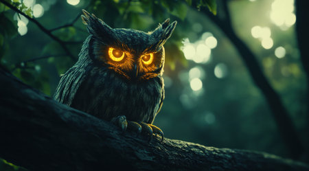An owl with glowing eyes sitting on a tree branch, dark forest background, hyper-realistic, in the style of Octane render, volumetric lighting, cinematic. --ar 120:67 --v 6.1 Job ID: d48b582f-fe03-4dda-8419-c3459ea2b747の素材