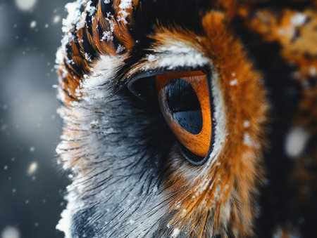 Close-up of an owl's eye, with snow falling on the feathers. Macro photography captures the intricate details in a cinematic, professional color-graded style. The image is in sharp focus and high resolution. --ar 4:3 --v 6.1 Job ID: 92d6348d-9038-4976-a9e1-d51607b425a3の素材