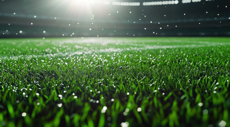 Close-up of grass in a soccer stadium, with sunlight and shadows on the green lawn. Wide-angle lens, close-up of detail. Ultra-realistic photo with a bokeh effect. Backlit by the sun, with sunlight filtering through dew drops on the field. View from below. Cinematic in style. Captured with a Sony Alpha A7 III camera and a Zeiss Otus 95mm f/1.4 macro lens. --ar 128:71 --v 6.1 Job ID: d4ffdd2a-0969-4571-9950-dcd446f4c77fの素材