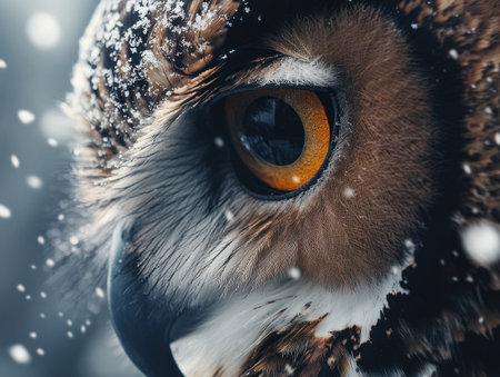 Close-up of an owl's eye, with snow falling on it, in a cinematic, hyper-realistic style of photography. --ar 4:3 --v 6.1 Job ID: 6e416775-dc2a-4229-af2c-282b313fa0c3の素材