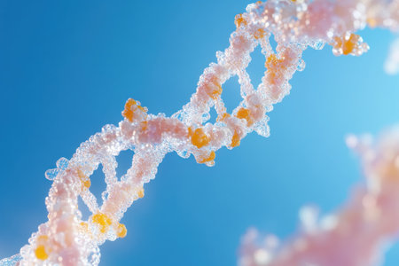 Close-up of a DNA double helix, high resolution, against a blue background, in the style of a stock photo. --ar 3:2 --v 6.1 Job ID: a20bb4ee-03d9-4221-990f-b079b1a8d351の素材