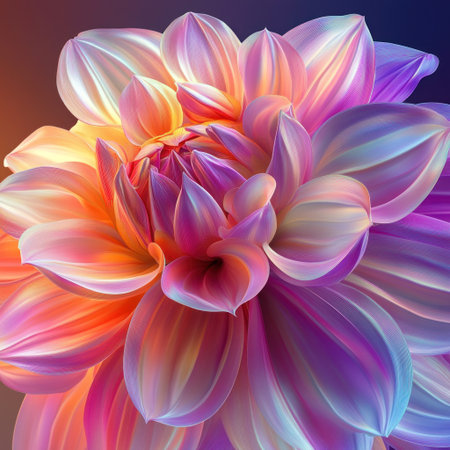 Beautiful, colorful dahlia flower, close-up, vibrant colors, fantasy style, concept art, digital painting, hyper-realistic, trending on Artstation and Pixiv, Octane render, studio lighting, sharp focus, illustration, high detail, hyper-realistic, super detailed, volumetric light, cinematic. --v 6.1 Job ID: fb9bba72-0554-417e-a273-58c5f1b45e03の素材