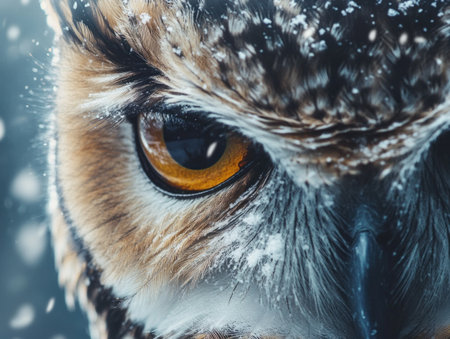 Close-up of an owl's eye, with snow falling on it, in a cinematic, hyper-realistic style of photography. --ar 4:3 --v 6.1 Job ID: 6e416775-dc2a-4229-af2c-282b313fa0c3の素材