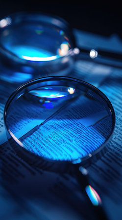 close up of blue magnifying glasses and documents, background is dark blue with light reflection, photorealistic, hyperrealism, octane render, cinematic, bokeh effect, high resolution photography, low angle shot, macro lens, shallow depth of field, perspective distortion, HDR, 3D rendering, cinema4d, blender, studio lighting, volumetric lighting, --ar 71:128 --v 6.1 Job ID: 0d17bf98-6119-4503-b6dd-68a7e4916776の素材