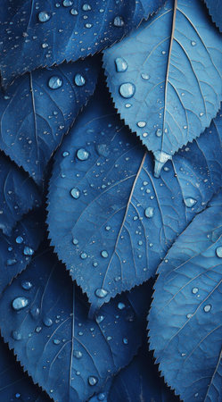Dark blue leaves with water droplets, dark background, high resolution, professional photograph, super-resolution. The ultra-high definition images have an elegant and modern feel. --ar 71:128 --v 6.1 Job ID: 05eda943-1697-4fc5-afc7-b5a54682100eの素材