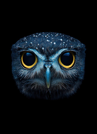 photorealistic Nikon photo of an owl's face against black background, yellow eyes --ar 55:76 --v 6.1 Job ID: df460669-e7cc-40ce-aac0-7a634281b456の素材