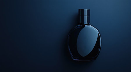 Black perfume bottle on a dark blue background with copy space, close-up view. Modern luxury men's or women's perfume mock-up. Top-down view. High-resolution photography, insanely detailed, fine details, stock photo, professional color grading, hyper-realistic. --ar 128:71 --v 6.1 Job ID: 23ccdd2a-7df3-4b69-aea7-8adb8b200956の素材