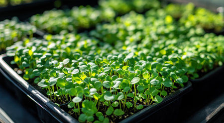 Close-up of green plants in black pots growing inside an indoor greenhouse with sunlight. Close-up of young seedlings sprouting and growing. Close-up, focus on the leaves. Shot from above, blurred background. Sun rays shining through the window. Macro photography, depth of field. --ar 128:71 --v 6.1 Job ID: fecf879c-fd45-47ad-aedf-df44c9ad72feの素材