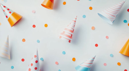 Abstract background with confetti and party hats on a white background, a birthday concept. --ar 128:71 --v 6.1 Job ID: 9bcf0d2f-7219-4a61-aef3-9e05ed4e13b3の素材
