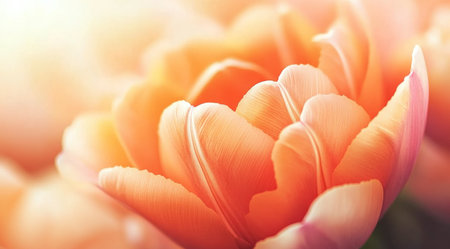 Beautiful close-up of an orange tulip, with delicate petals and intricate center details. The warm color palette adds depth to the flower's interior structure, creating a visually stunning composition. Soft lighting enhances the ethereal quality of the scene, adding an enchanting touch to its natural beauty. --ar 128:71 --v 6.1 Job ID: 70e2cf34-b066-4718-b6f5-757fdf5488c1の素材