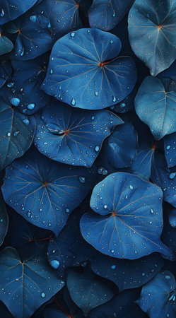 Dark blue leaves with water droplets, high resolution, dark background, ultra-realistic, hyper-detailed, cinematic wallpaper for a phone. --ar 71:128 --v 6.1 Job ID: bdf98e59-8b9e-4719-b1e0-15998f8065d4の素材