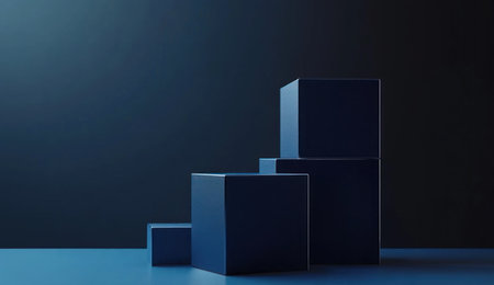 Blue background with cubes in the foreground, simple shapes, 3D rendering, high resolution, dark blue and black colors, geometric composition, high-contrast lighting, sharp shadows, and no text or images on it. It is for use as an AI video wallpaper background. --ar 26:15 --v 6.1 Job ID: ecb42a4b-2e53-4209-be7a-069fbf0643c4の素材