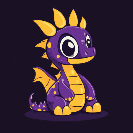 Cute cartoon dragon, vector illustration with purple and yellow colors on a dark background, simple shapes, simple design, flat color, no shadows, simple lines, cute character design, graphic style, cute T-shirt logo design, 2D art style, high resolution. --v 6.1 Job ID: a6112920-f2f7-4d5e-8f0f-903f7fda0551の素材