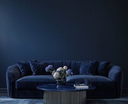 Blue sofa and coffee table against a dark blue wall in a living room, front view, mockup photo, interior design photography, photorealistic, high resolution, interior background, soft lighting, minimal style, natural light, low key. --ar 37:30 --v 6.1 Job ID: 17f75eda-ef98-4987-a91d-a68b555ad7ddの素材