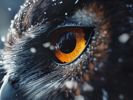 Close-up of an owl's eye, with snow falling on the feathers. Macro photography captures the intricate details in a cinematic, professional color-graded style. The image is in sharp focus and high resolution. --ar 4:3 --v 6.1 Job ID: 92d6348d-9038-4976-a9e1-d51607b425a3の素材