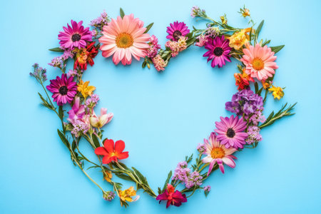 Colorful pink heart-shaped frame with flowers on a pastel background, a flat lay composition, top view, a Valentine's Day concept. High-quality photo, high resolution, super detailed. --ar 3:2 --v 6.1 Job ID: 34f16f0d-2774-4562-b971-d54a4cafe342の素材