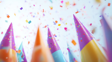 Abstract background with confetti and party hats on a white background, a birthday concept. --ar 128:71 --v 6.1 Job ID: 9bcf0d2f-7219-4a61-aef3-9e05ed4e13b3の素材