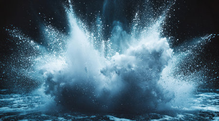 Black background, white and blue powder explosion, studio photography, wide-angle lens, high contrast, high saturation, dynamic motion blur effect, intense visual impact, water droplets splashing around the scene, creating an atmosphere of energy. --ar 128:71 --v 6.1 Job ID: 841e5115-193a-426d-af51-8e63aac6a530の素材
