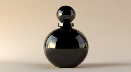 Black glass perfume bottle with a ball-shaped cap, 3D rendering, high resolution, highly detailed, and realistic. --ar 128:71 --v 6.1 Job ID: e5e13fbe-4c07-44d8-95e5-69e4432e3de6の素材