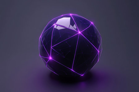 A dark blue sphere with purple lines and triangles on it, rendered in the style of Cinema 4D, in an isometric perspective, against a dark gray background, a 3D rendering, with a symmetrical composition, in a front view, and with detailed details. --ar 3:2 --v 6.1 Job ID: 90b8ed50-6e47-4af0-adea-e1dfda740ce7の素材