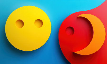 A colorful background with two large, round shapes in yellow and red, representing the latest Yellow River logo design for Junter78's mobile app interface. The vibrant colors create an eye-catching effect against the blue backdrop, making it one of their most distinctive features. The focus is on the facial elements. --ar 5:3 --v 6.1 Job ID: 630ad112-f729-4eb2-bd0a-f6be55d02543の素材