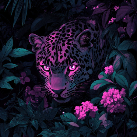A dark pink leopard in the jungle, digital art style illustration, dark black and light blue colors, dark purple background, fantasy-inspired artwork, vibrant glowing colors, pink eyes, pink flowers, dark green leaves, night scene, high-contrast shadows, full-body portrait, close-up shot. --v 6.1 Job ID: ae8bdaa7-fb17-4c8a-b9af-b09ab8363559の素材