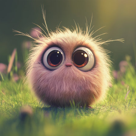 A cute, fluffy creature with big eyes, in the style of Pixar, in the style of Disney, in a grassy meadow, with a happy expression, soft lighting, warm colors, and high resolution, high detail, and high quality. --v 6.1 Job ID: 5f906ddb-b781-45e8-a35e-7ebae163a12eの素材