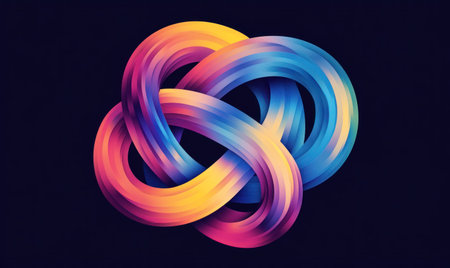 A colorful 3D gradient knot on a dark background, with an abstract shape and vibrant colors, creating a visually appealing composition. --ar 5:3 --v 6.1 Job ID: 1c84db36-2611-4eaf-b0ae-6e09a665899fの素材