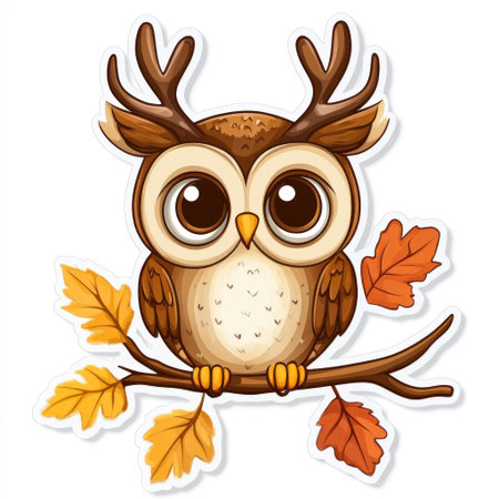 A cute owl with antlers, sitting on a branch, surrounded by leaves, in a clip art sticker style, on a white background. --v 6.1 Job ID: 80fb1e76-c813-4e07-8a61-ea4480d5c921の素材