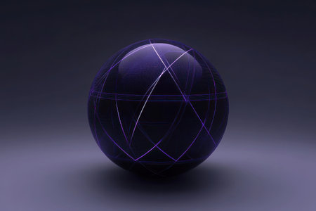 A dark blue sphere with purple lines and triangles on it, rendered in the style of Cinema 4D, in an isometric perspective, against a dark gray background, a 3D rendering, with a symmetrical composition, in a front view, and with detailed details. --ar 3:2 --v 6.1 Job ID: 90b8ed50-6e47-4af0-adea-e1dfda740ce7の素材