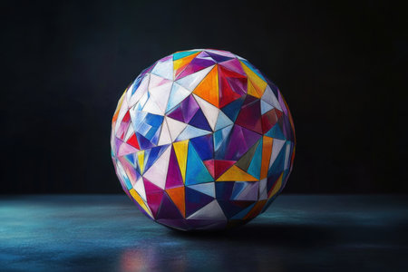 3D render of a low-poly sphere with colorful triangles, a purple and blue color scheme, and a dark background. Created in Cinema 4D, with high resolution, high detail, and Octane rendering. Hyper-realistic, hyper-detailed, and hyper-photorealistic. --ar 3:2 --v 6.1 Job ID: 2302ddf8-0cab-4e59-b620-9b326fe63244の素材